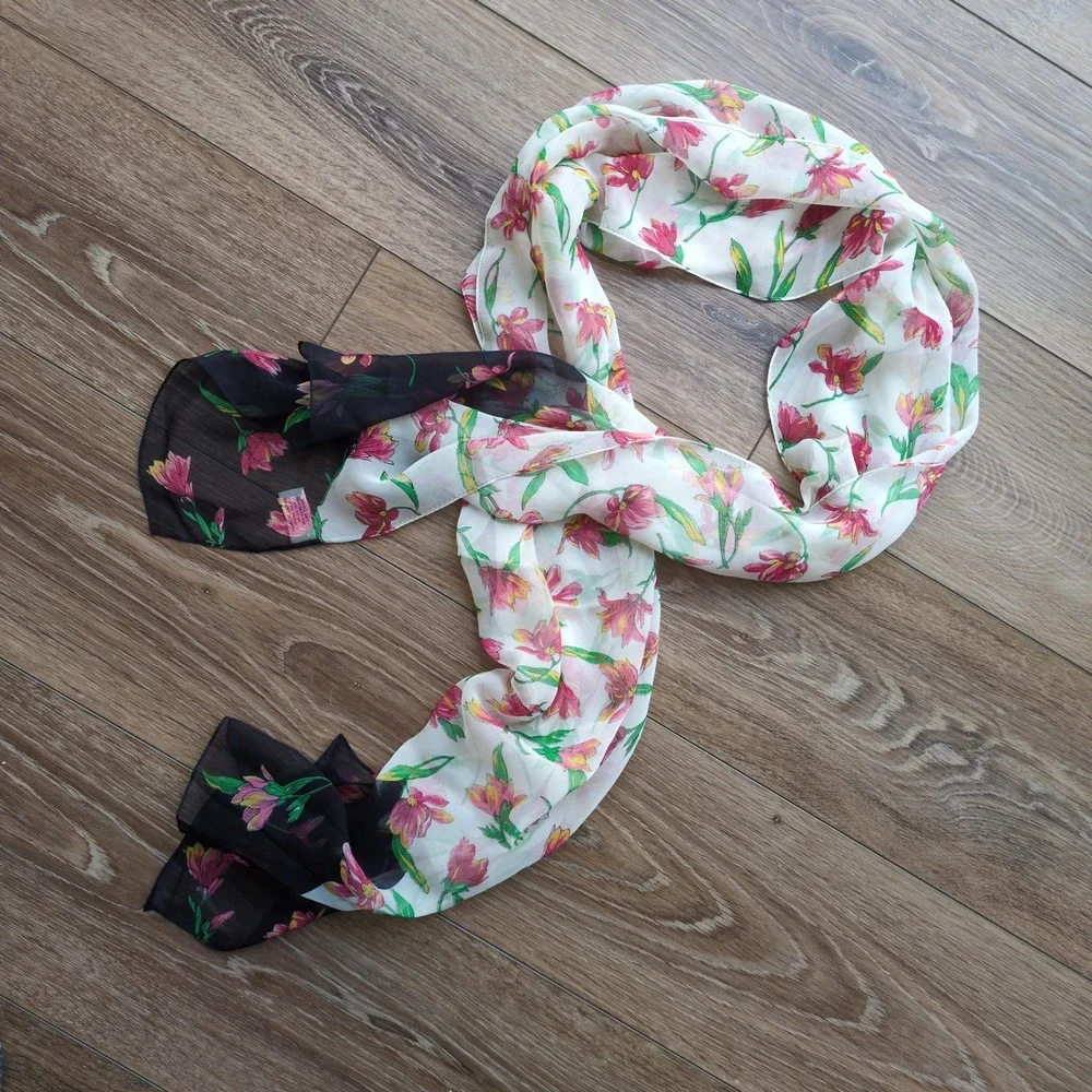 Ann Taylor Floral Sheer Silk Scarf‎ - Black White Pink Onlong Rectangle 17x70